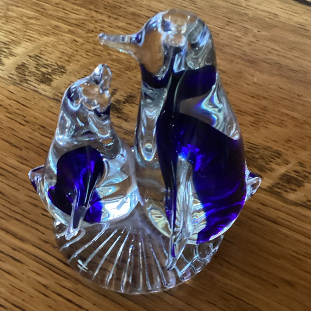 Glass Penguin Duo with Deep Blue Accents paperweight
